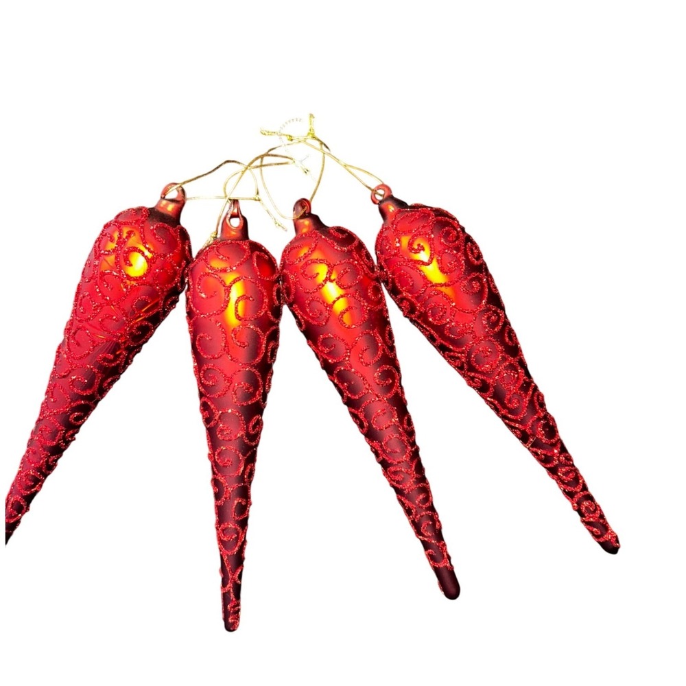 Set of 4 Red Glitter Swirl Icicle Christmas Ornaments Hanging Tree Decorations